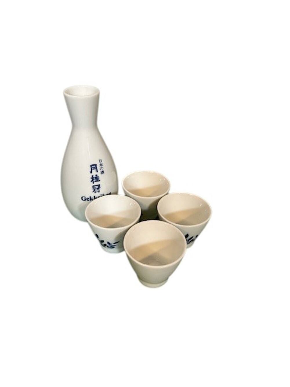 Gekkeikan Sake Japanese Ceramic Carafe & Cups White Blue Set